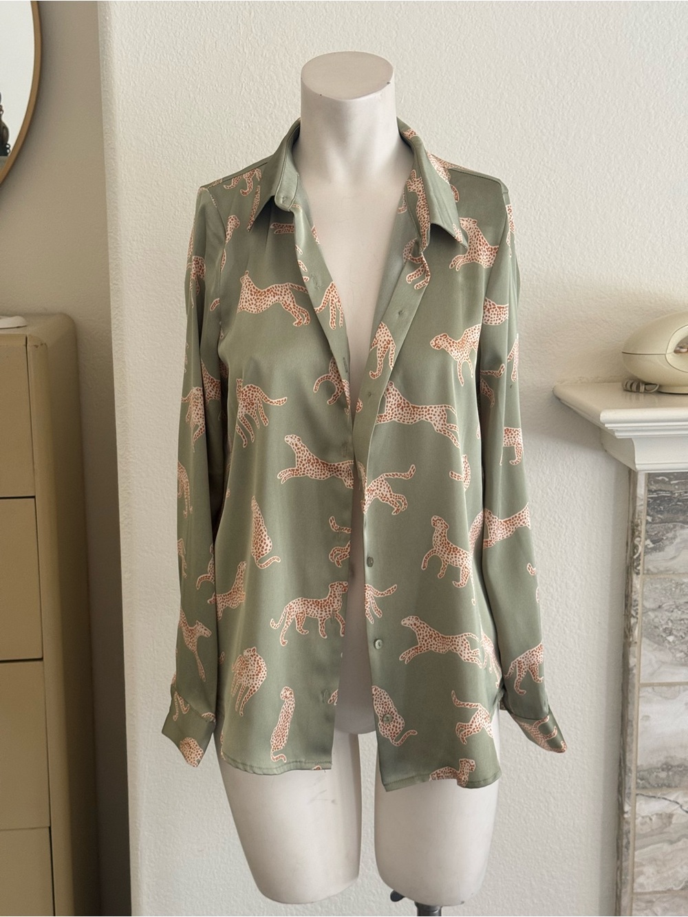 Olive Green Leopard Print Satin Button-Up Blouse & Pants